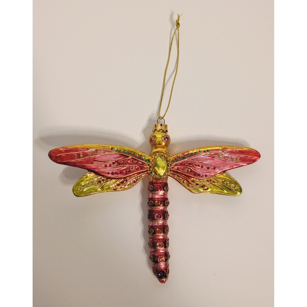 Seasons Cannon Falls Ornate Blown Glass Dragonfly Ornament Glitter Pink Yellow
